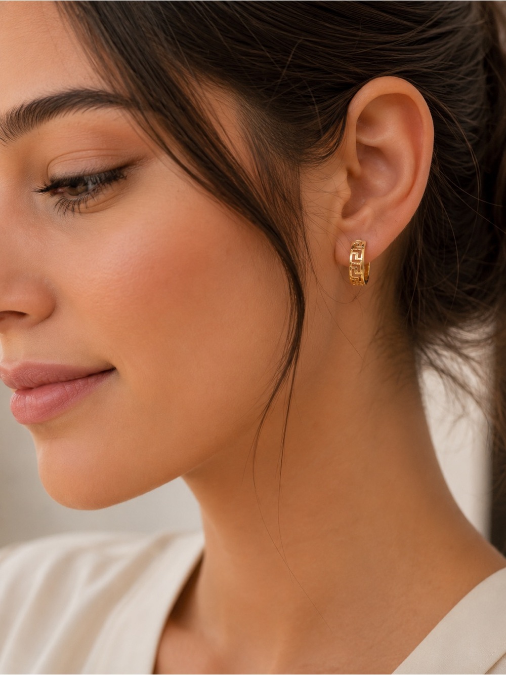 14K Gold Greek Key Hoop Earrings,Luxury Designer Elegant Greek patern Gold Hoops